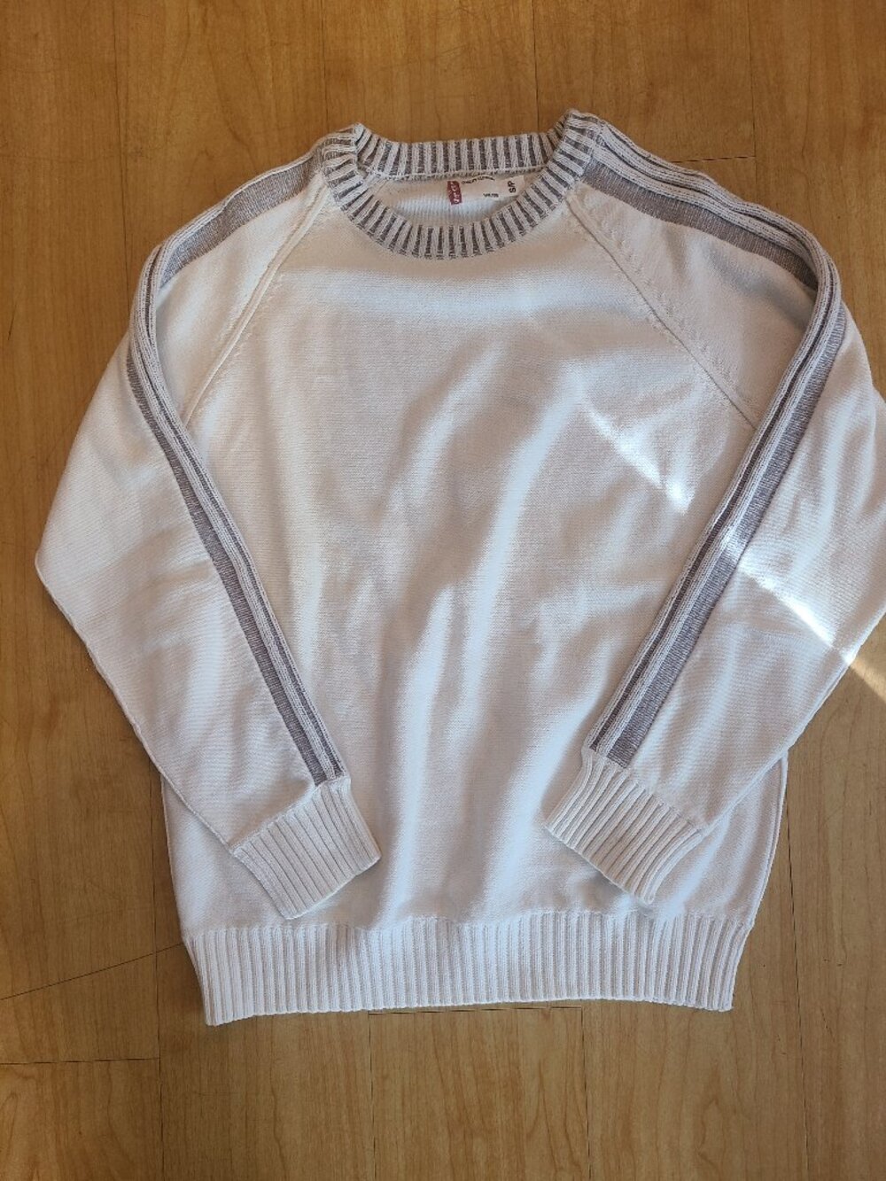 Levis Mens Sweater Small S White Off White Grey Stripe Sleeve Knit Crewneck Pull